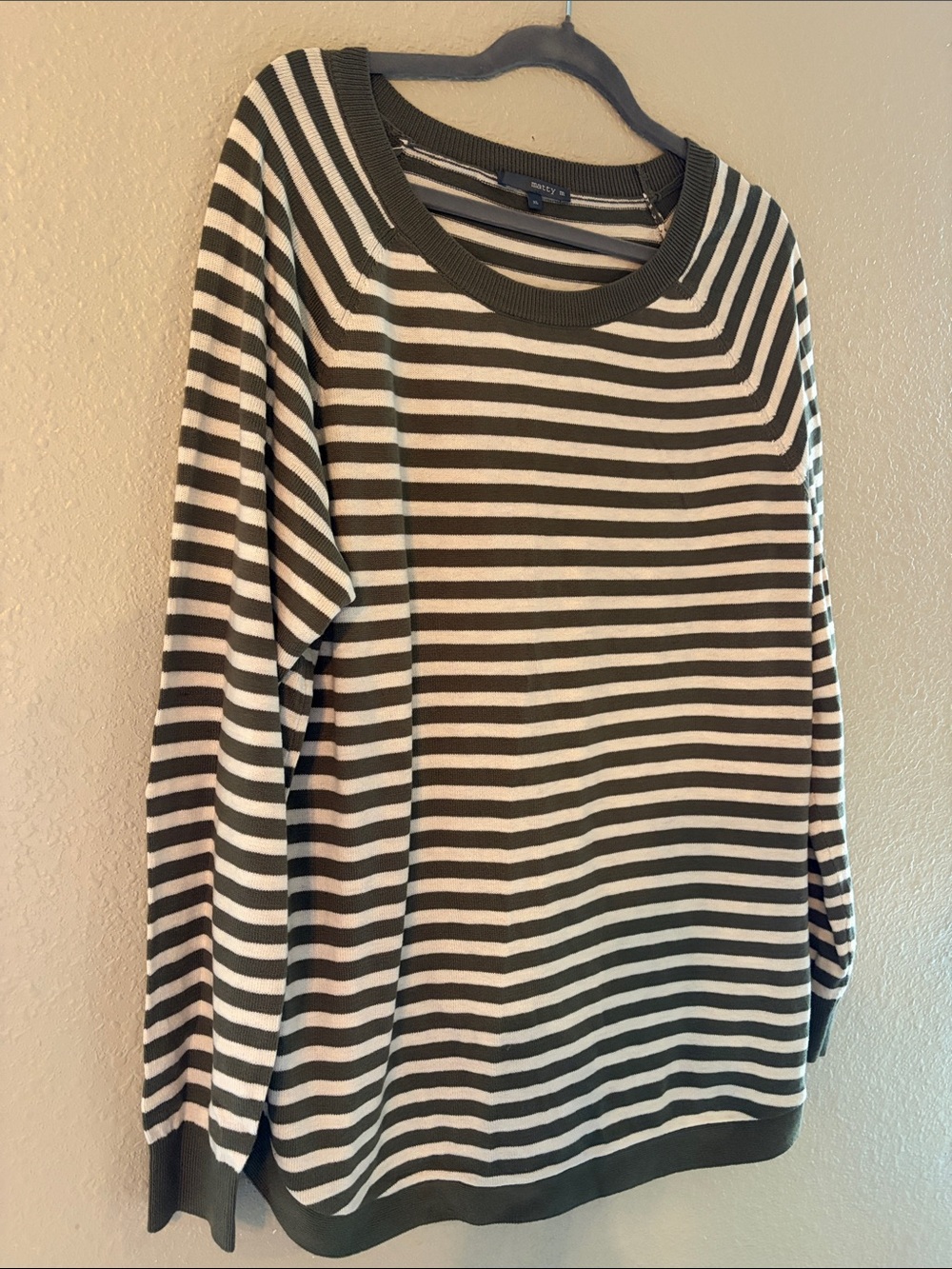 Matty M Olive Green & Cream Striped Crewneck Sweater